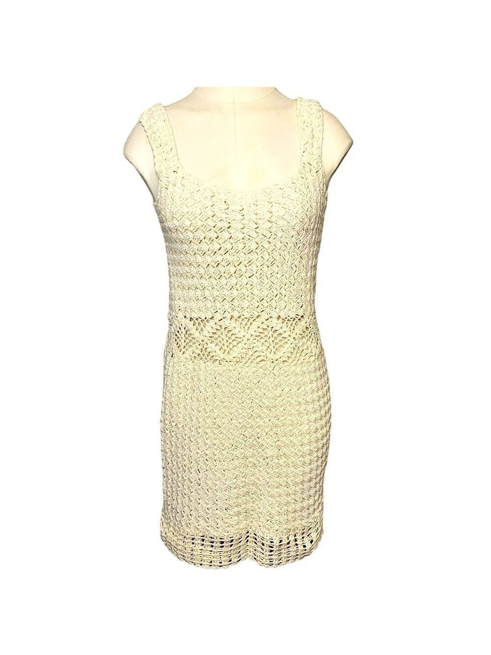 Handmade Crochet Knit Mini Dress Sz XS/S Beige Sleeveless Feminine Bodycon